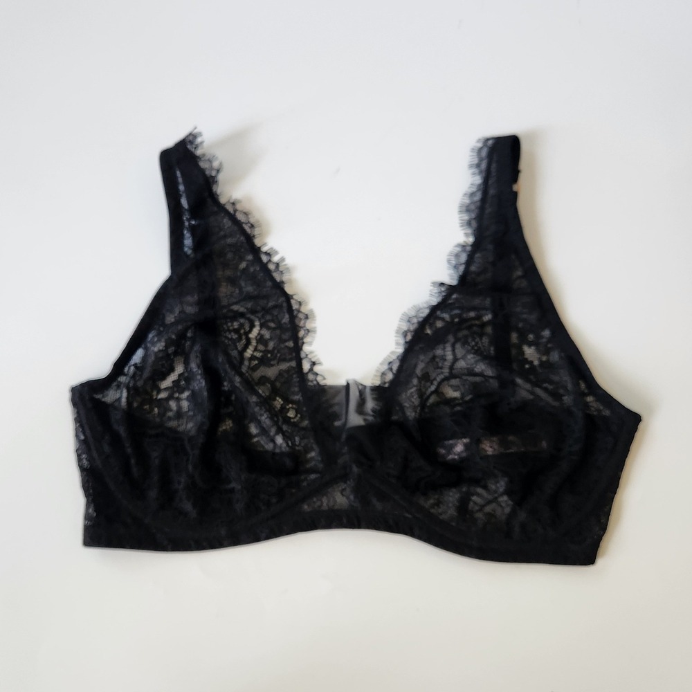 Victoria Secret Dream Angels Unlined Plunge Bralette 36DDD Black Sheer Lace